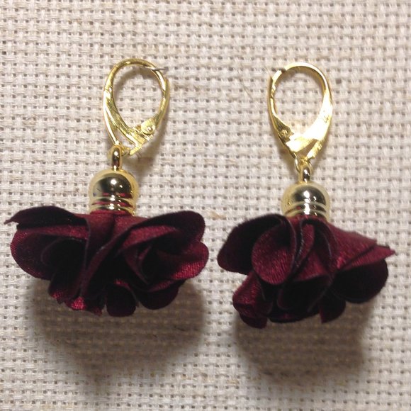 Romantic Ruby Rose Satin Flower Fluff Earrings - Picture 3 of 6